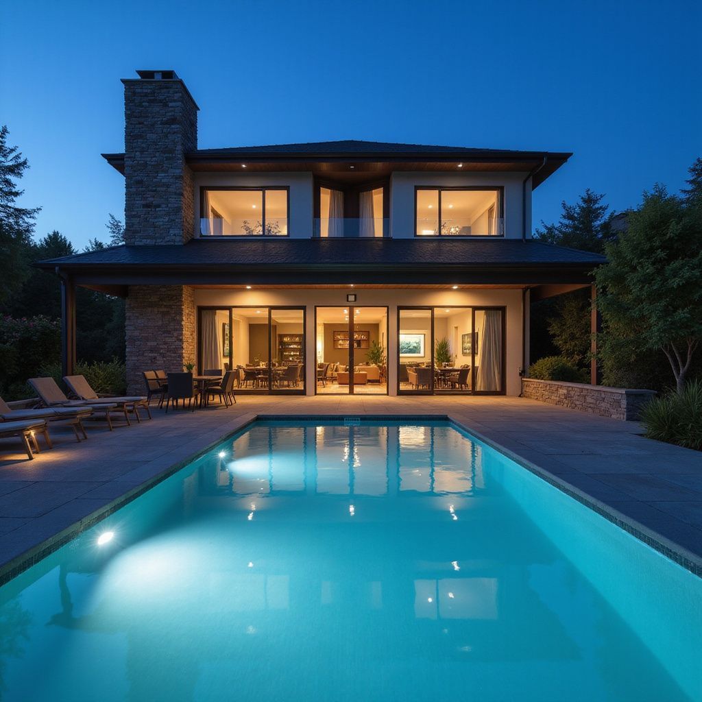 Modern home with illuminated pool at dusk; windows and stone chimney visible.