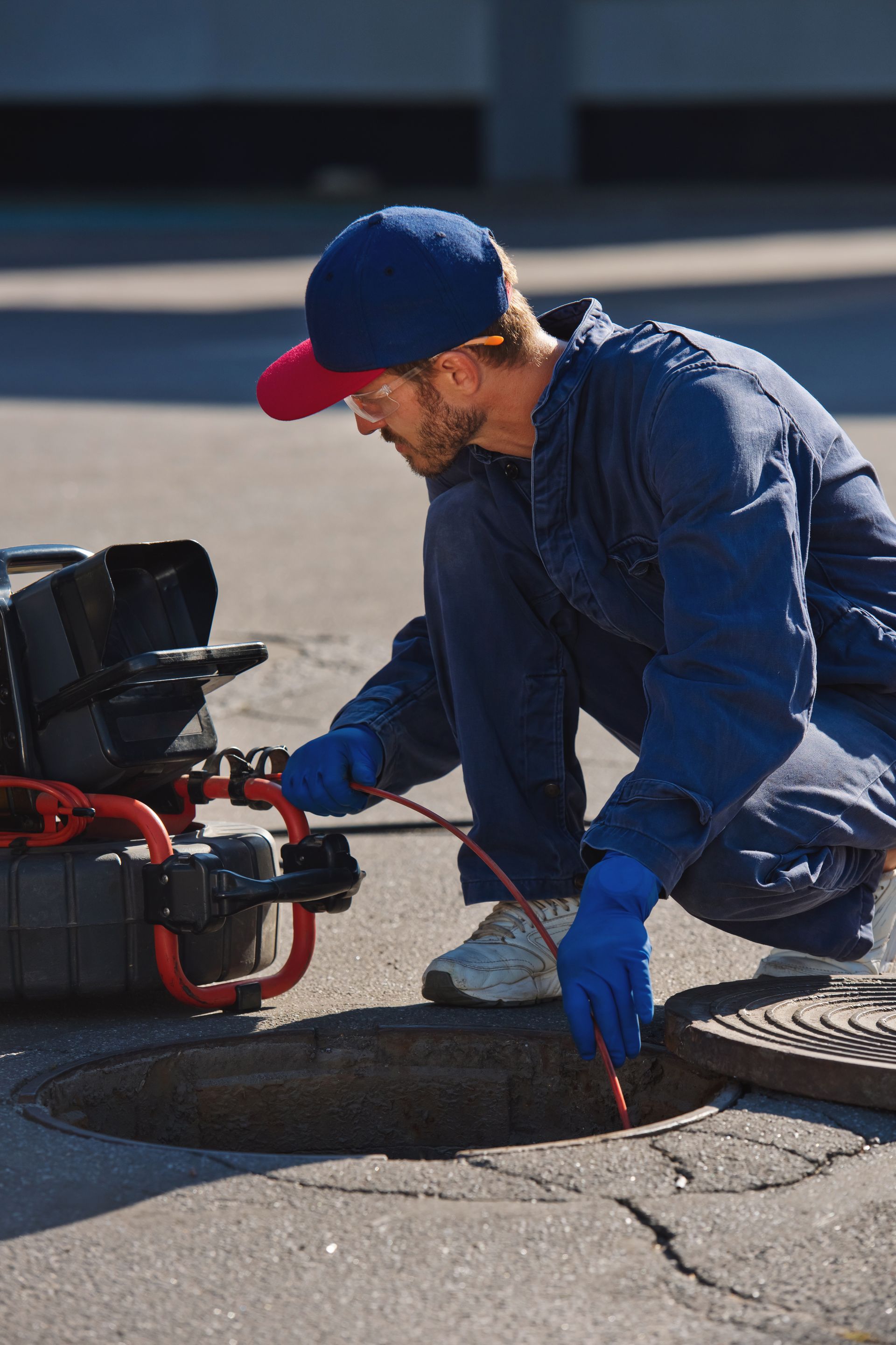 Worker in blue coveralls and red cap using a hose tool over an open manhole on a street