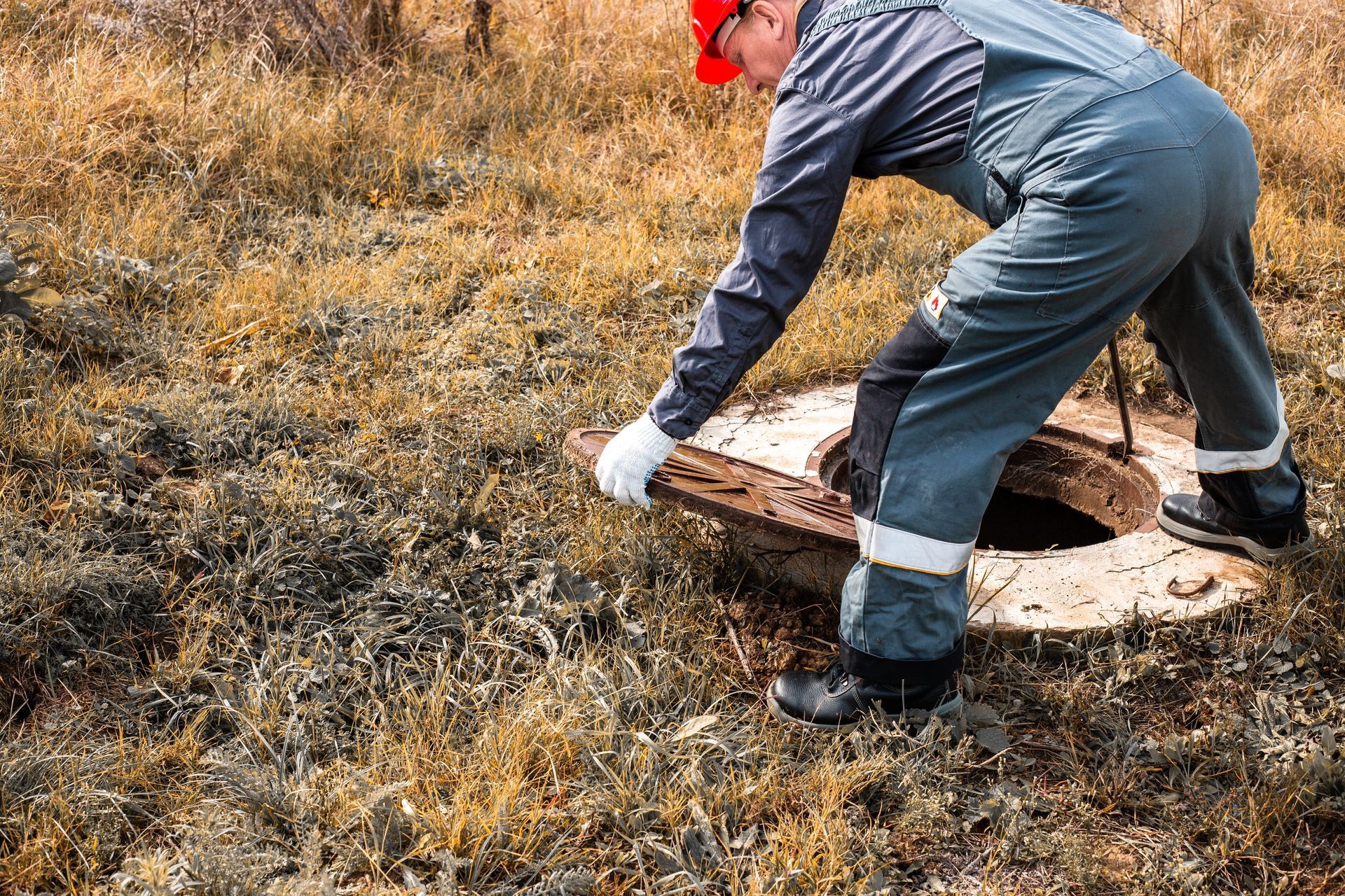 Worker in gray coveralls and red cap lifting a manhole cover in a grassy field