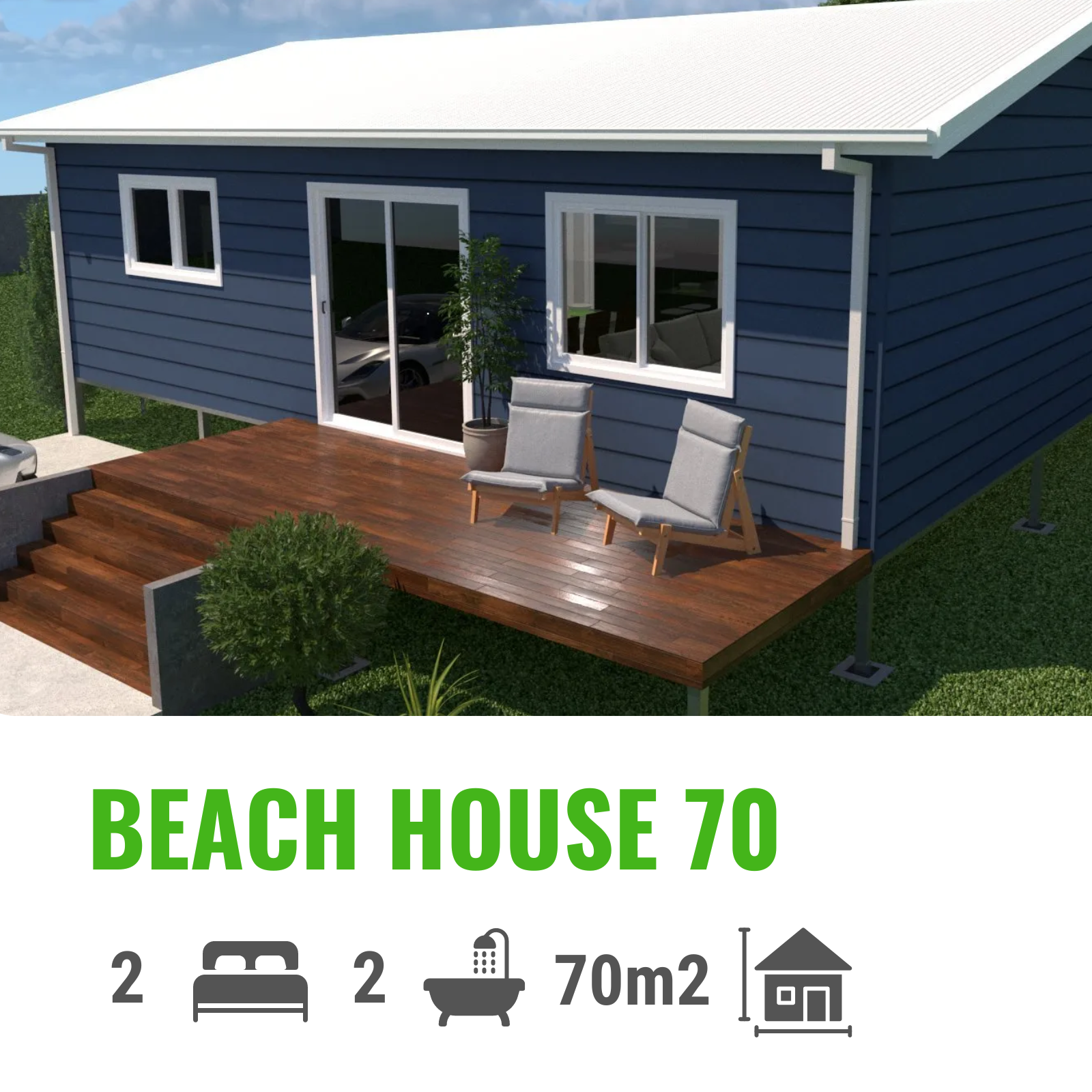 Blue beach house with deck, two chairs, and the text