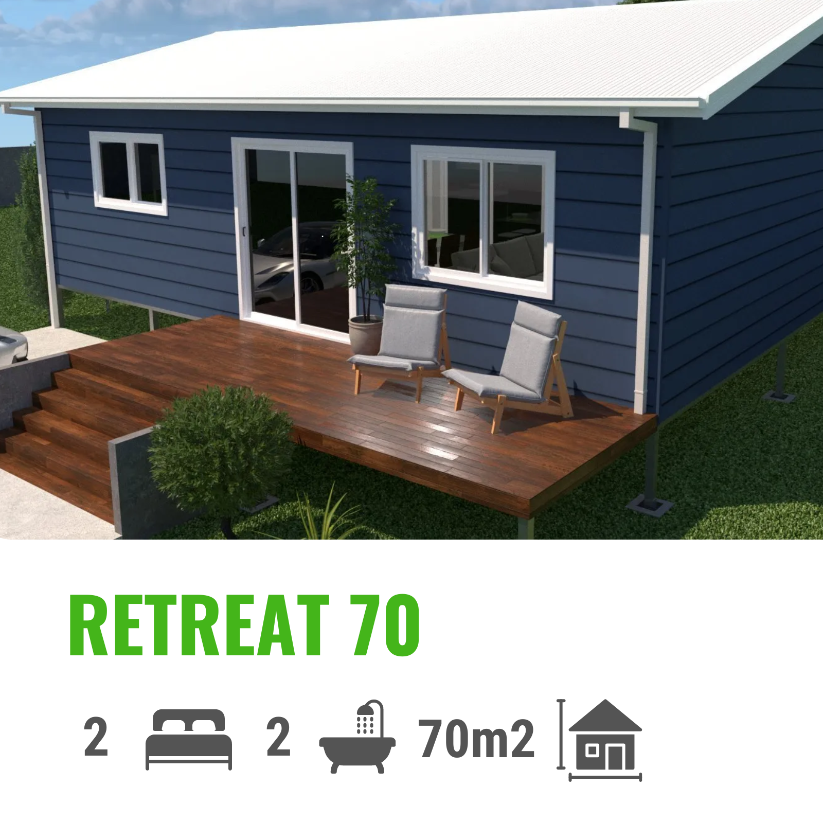 Blue cabin with deck, two chairs.