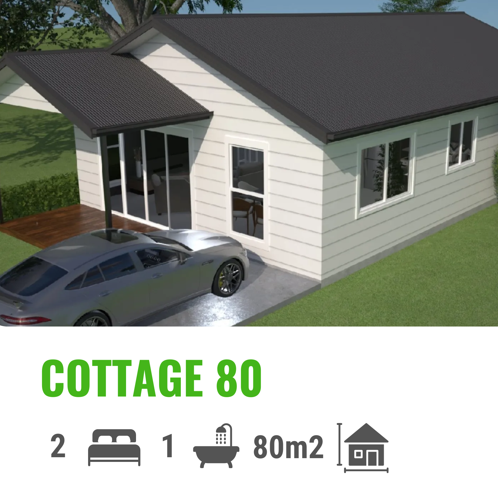 Cottage 80 rendering: beige house with black roof, parked car. Green text indicates 2 bedrooms, 1 bath, 80m2.