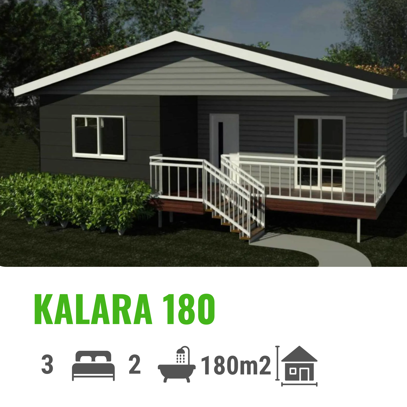 Kalara 180 house rendering with grey siding, a deck, three bedrooms, two bathrooms, and 180m2.