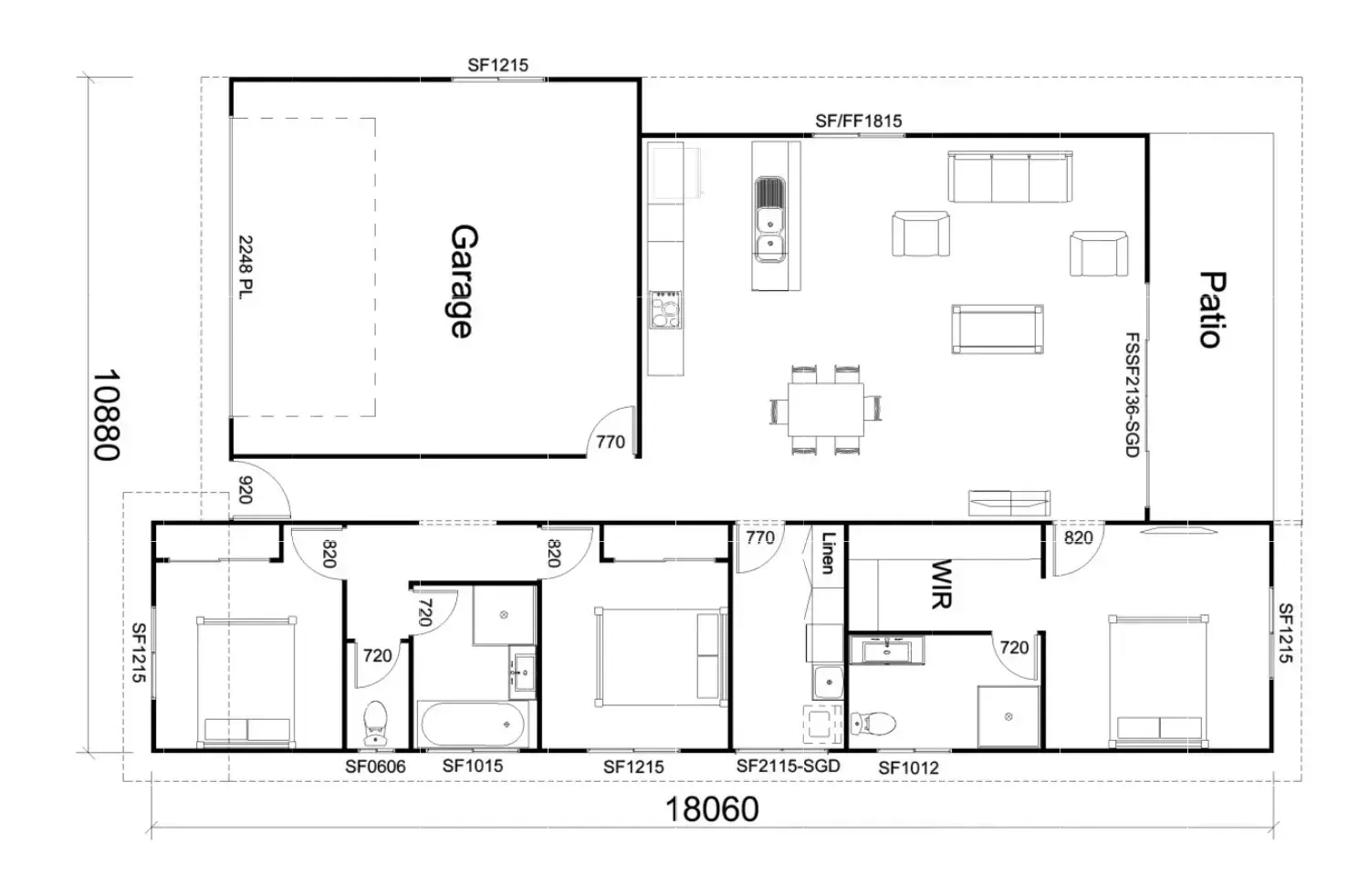 Floor plan of a house with garage, three bedrooms, kitchen, living area, dining area, and patio.