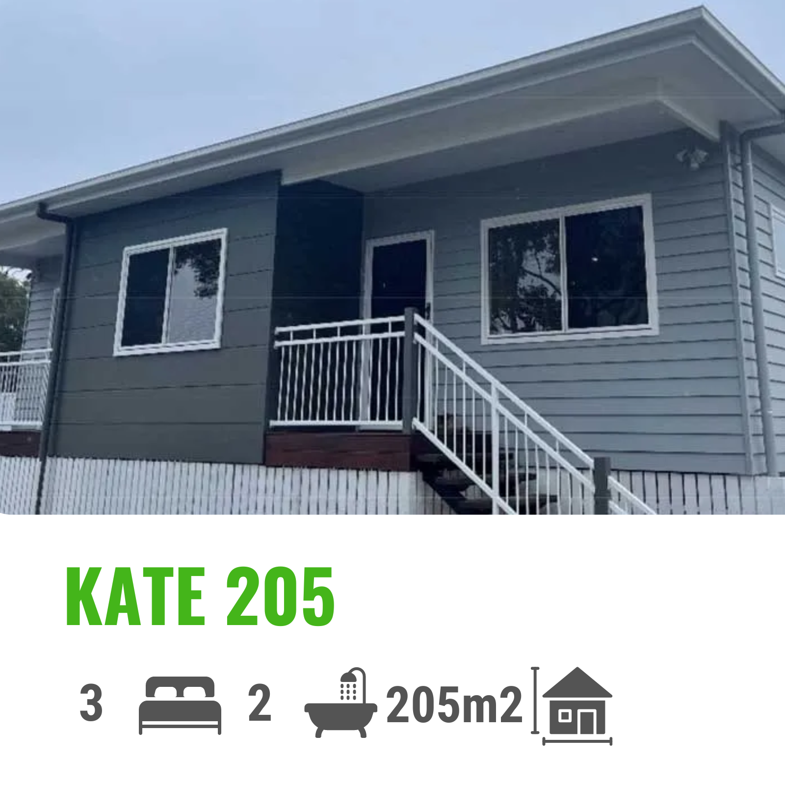 Exterior view of a house with gray siding, white trim, and a small porch. Text overlay: