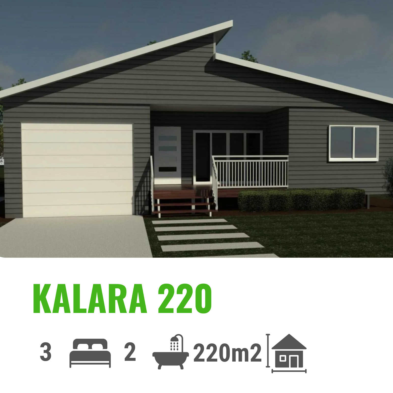 Modern gray house with garage, porch, and yard; labeled