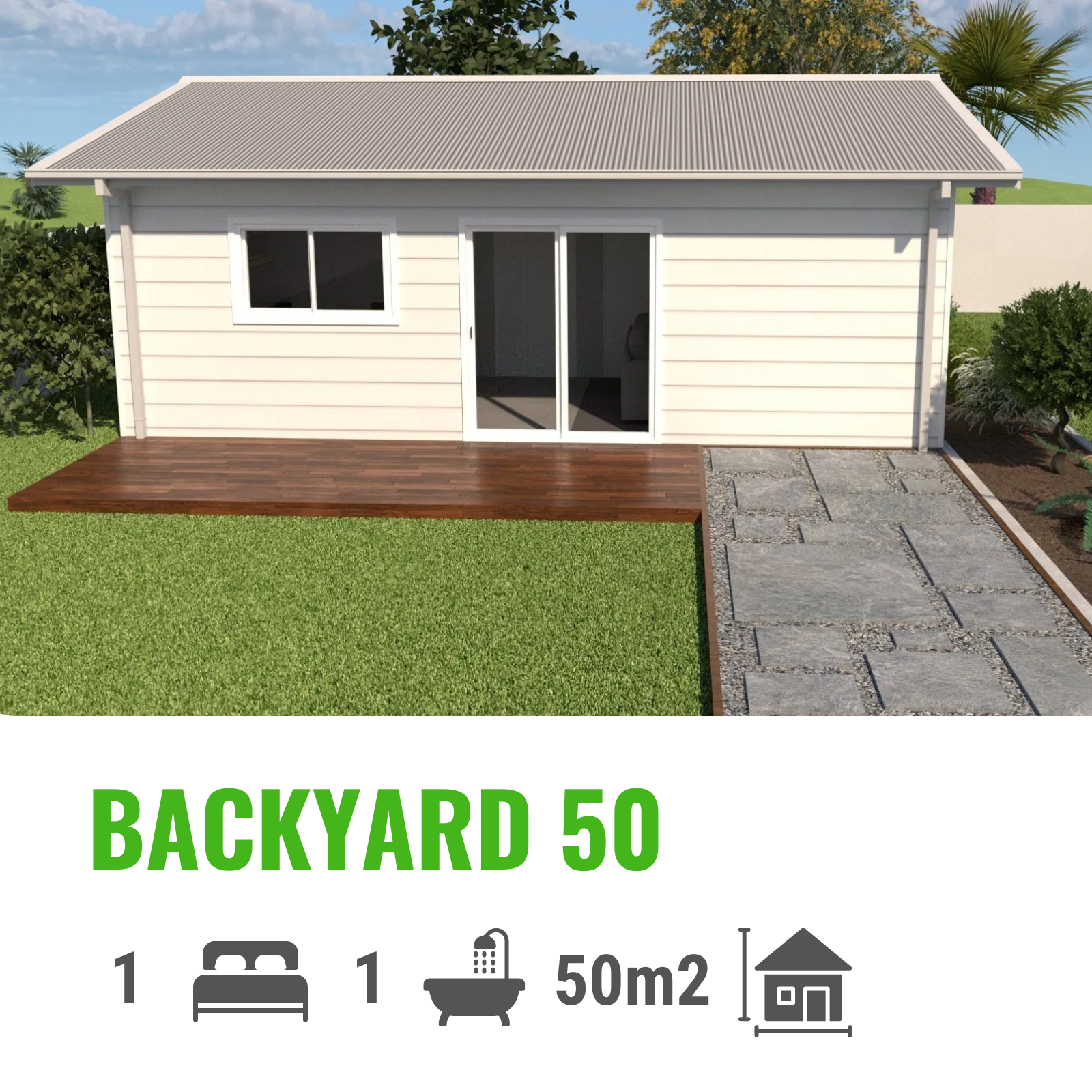 Backyard 50 small house with a deck, sliding glass door, one bedroom, and bathroom on a grassy lawn.
