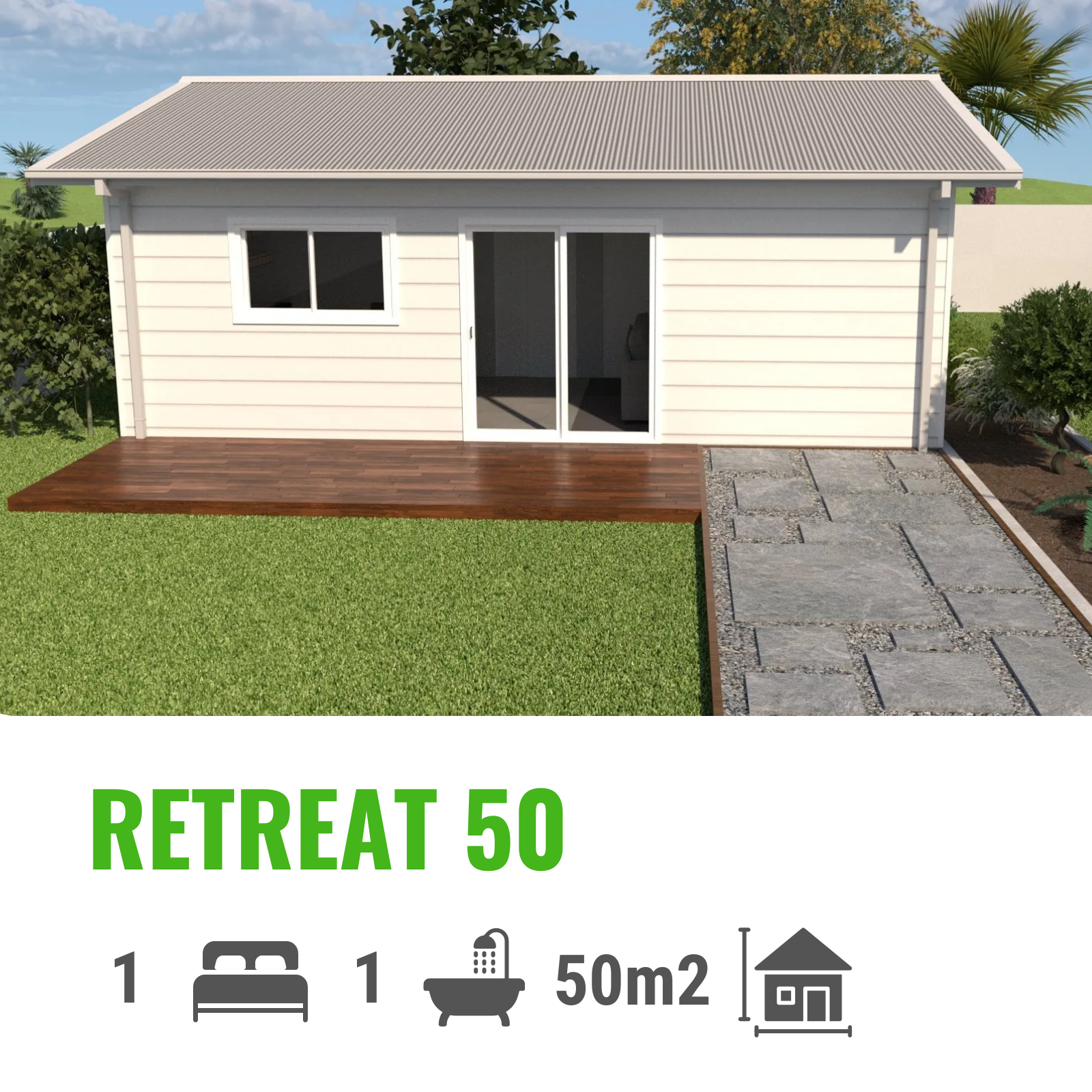 Small beige cabin with a deck and stone path, labeled
