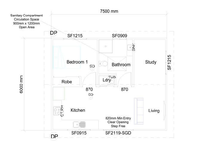 Floor plan of a small house with a bedroom, bathroom, study, kitchen, laundry and lounge.