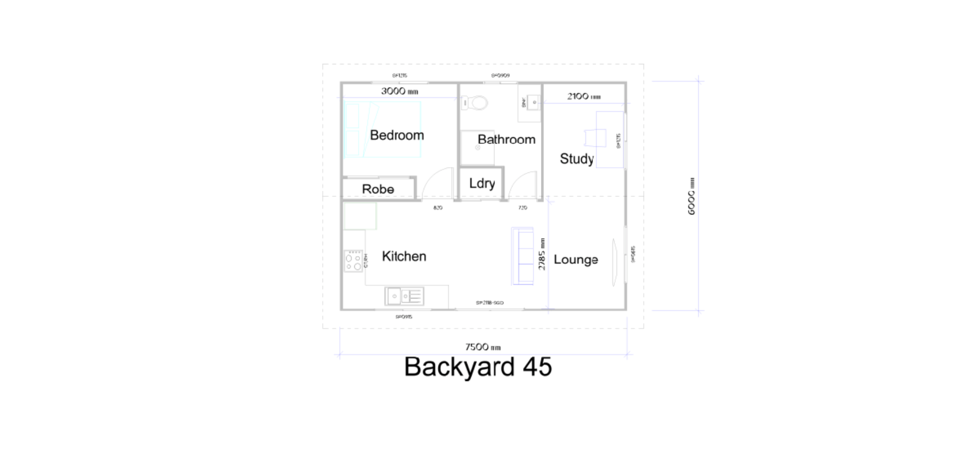 Small white house with gray roof, deck, and stone path in a yard with landscaping.