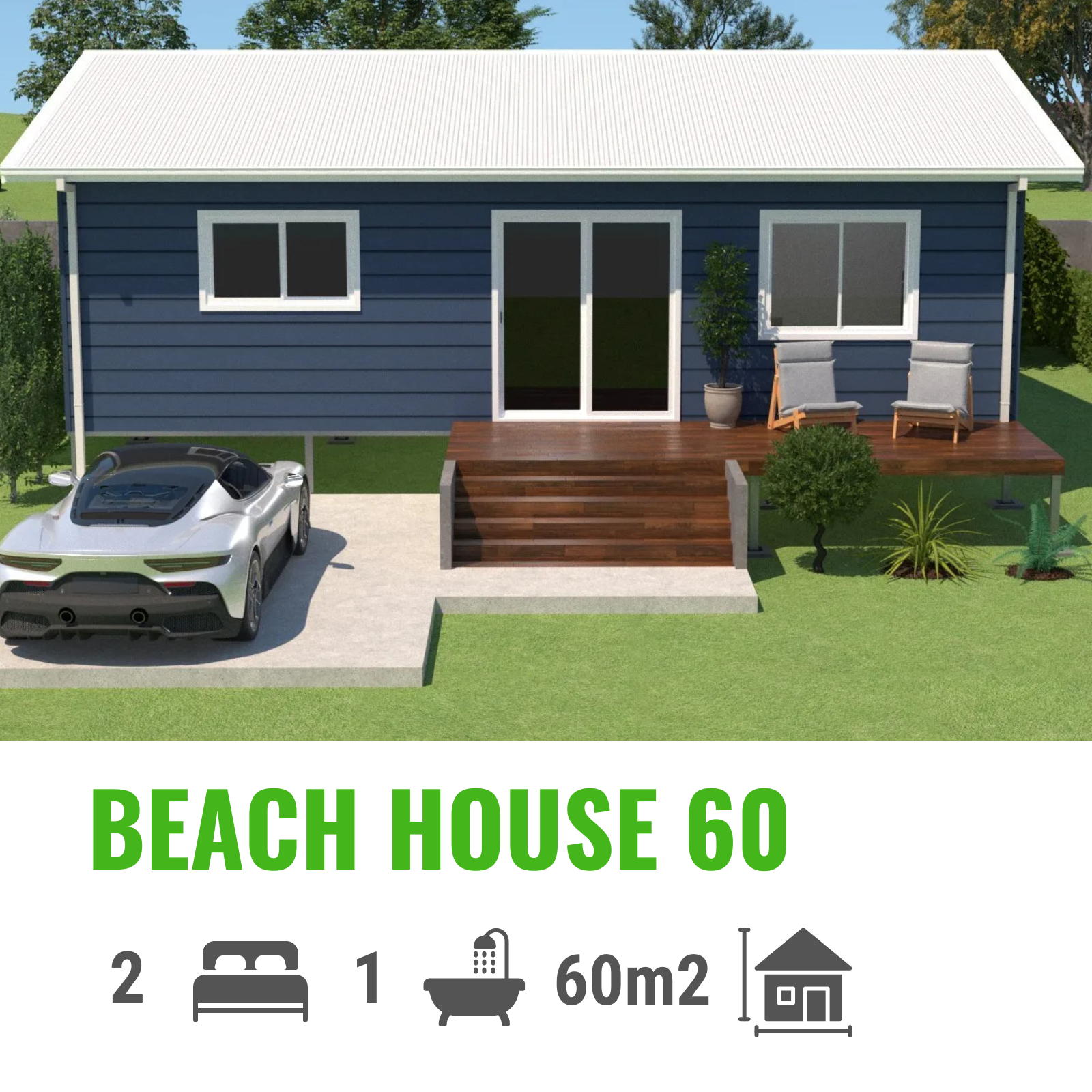 Beach house with blue siding, white roof, two bedrooms, and a car parked in front.