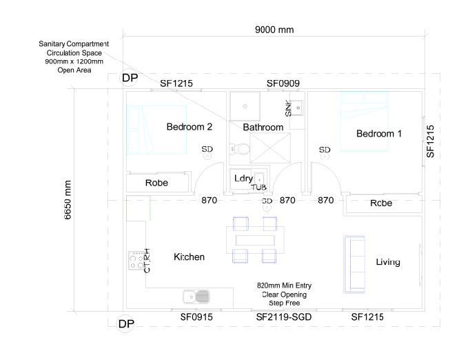 Floor plan with two bedrooms, a bathroom, kitchen, and lounge.