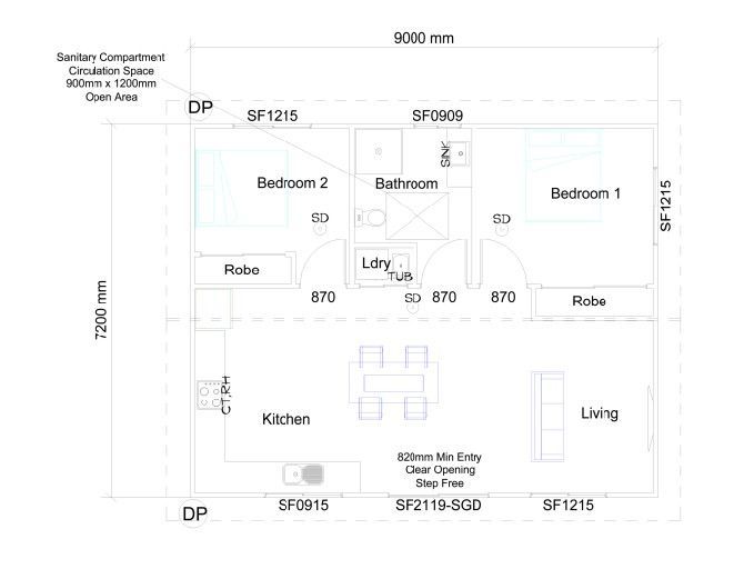 Floor plan of a small house with kitchen, lounge, two bedrooms, bathroom, and laundry room.