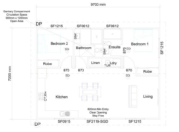 Floor plan of a house with two bedrooms, a kitchen, a lounge, and a bathroom.
