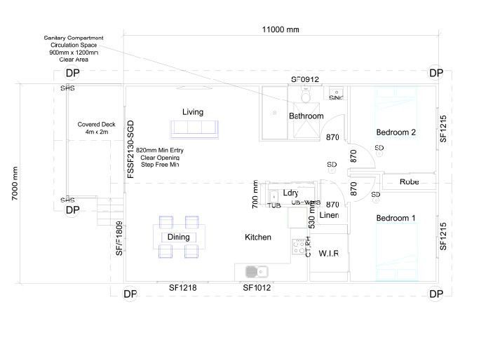 Floor plan of a house with living room, kitchen, two bedrooms, and a bathroom.