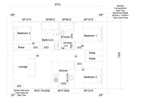 Floor plan of a house with two bedrooms, kitchen, lounge, bathroom, and ensuite labeled with dimensions.