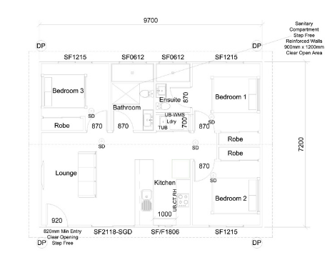 Floor plan of a house with labels for rooms including bedrooms, kitchen, bathroom, and lounge.