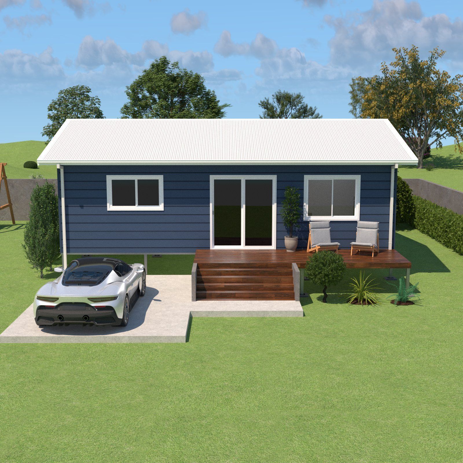 Blue house with white roof, deck, and car on lawn.