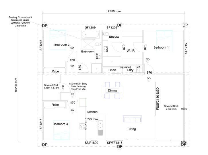 Floor plan of a house with bedrooms, bathrooms, a kitchen, living and dining areas, with dimensions labeled.