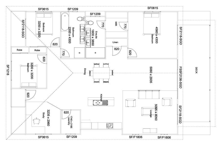 Floor plan of a house, with rooms labeled and dimensions shown. Includes kitchen, dining, living, and bedrooms.