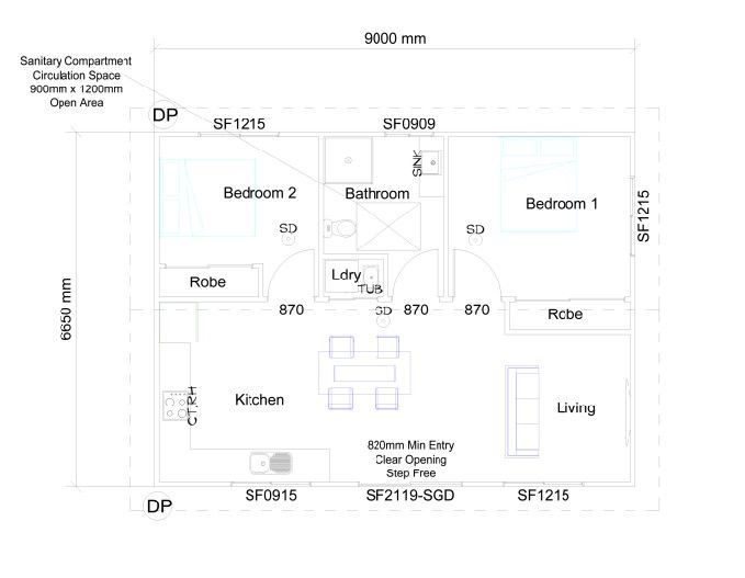 Floor plan of a small house with two bedrooms, a bathroom, kitchen, and lounge.