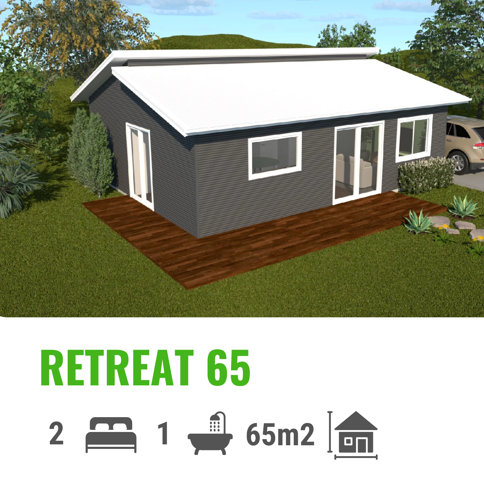 Illustration of a dark gray house with a white roof on a grassy lot with a wooden deck. The text
