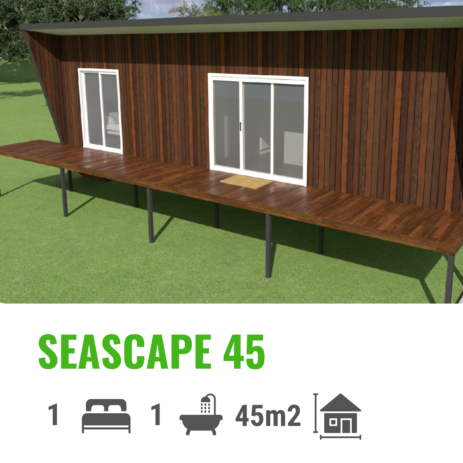Exterior view of a small cabin, wood siding, with large windows, deck, and