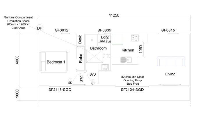 Floor plan of a rectangular house; includes a bedroom, bathroom, kitchen, and living area; black lines and labels.
