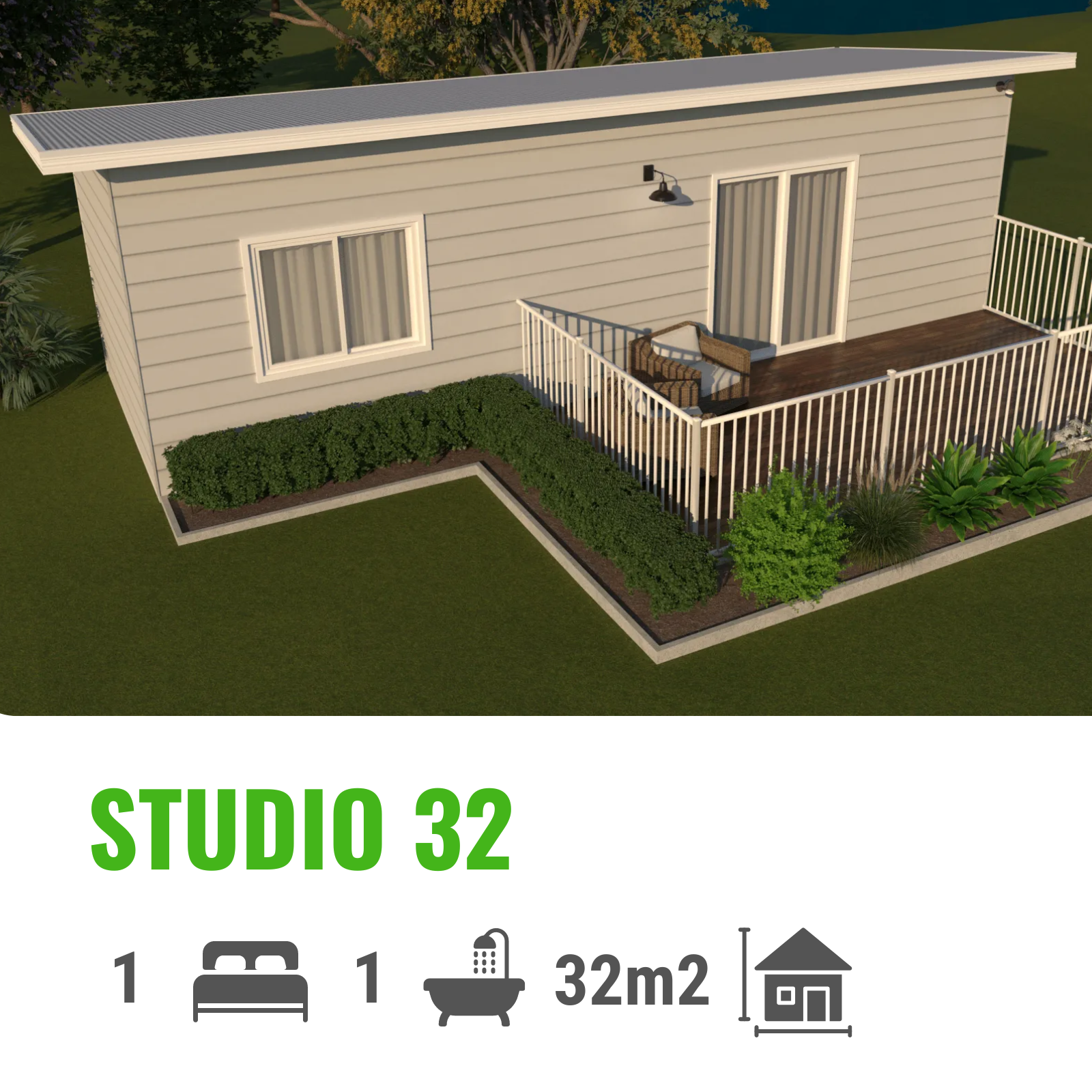 3D rendering of a small, modern studio apartment with a deck, garden, and the text