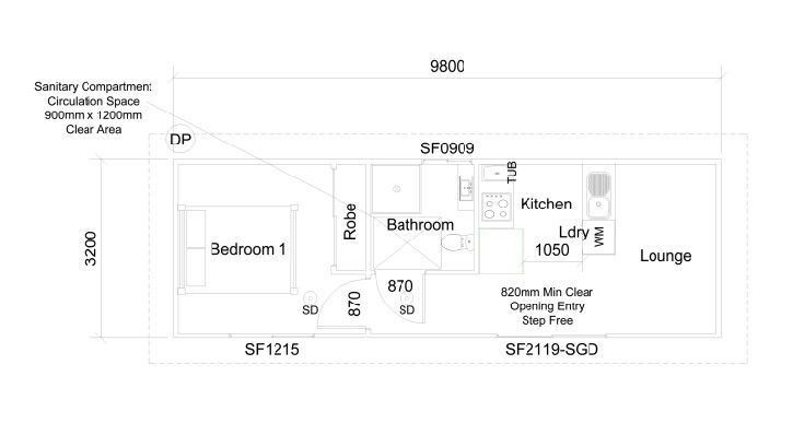 Floor plan of a small dwelling showing a bedroom, bathroom, kitchen, and lounge with dimensions labeled.
