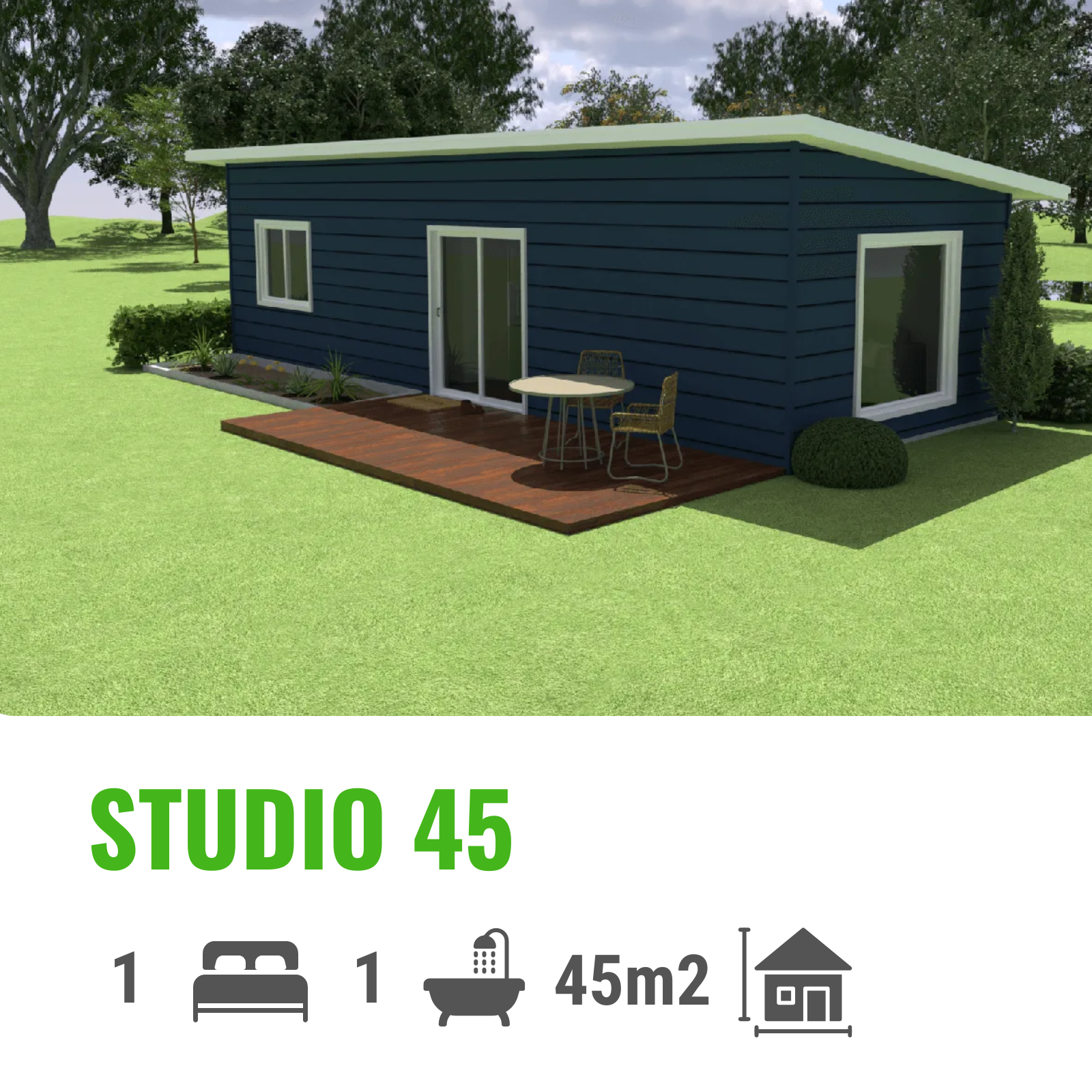 Blue studio apartment with a deck, a table, and two chairs on a grassy yard.