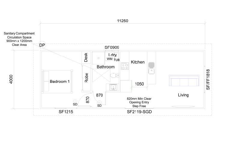 Floor plan of a rectangular house with bedroom, shower, kitchen, and lounge, with dimensions indicated.