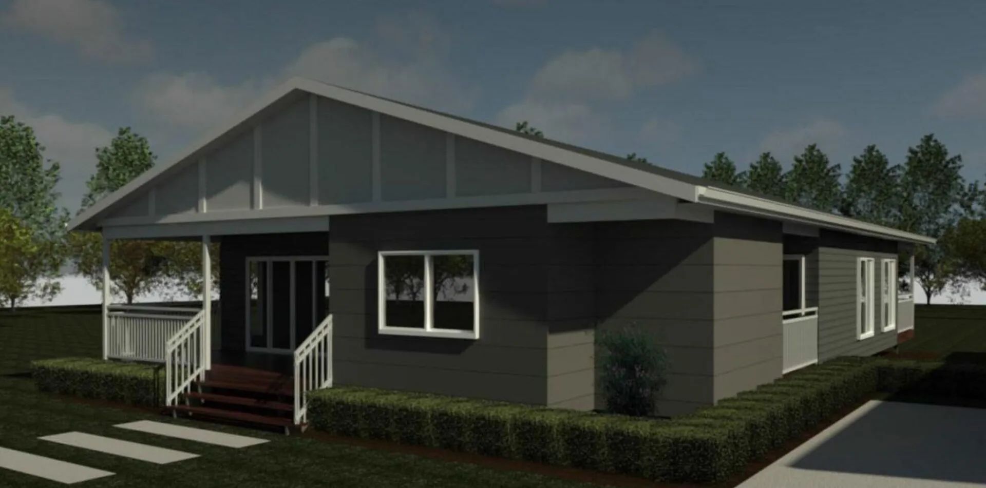 Modern gray house with white trim, porch, and a well-manicured yard.