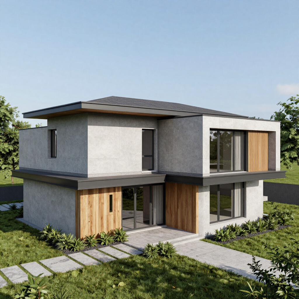 Modern two-story house with white stucco, wood accents, and a landscaped front yard