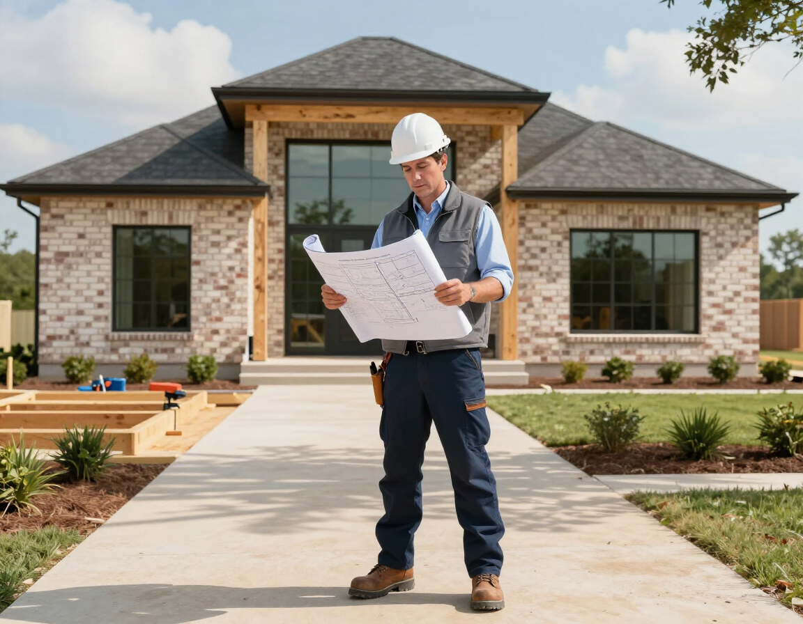 Home inspector reviewing blueprints outside a new house under construction
