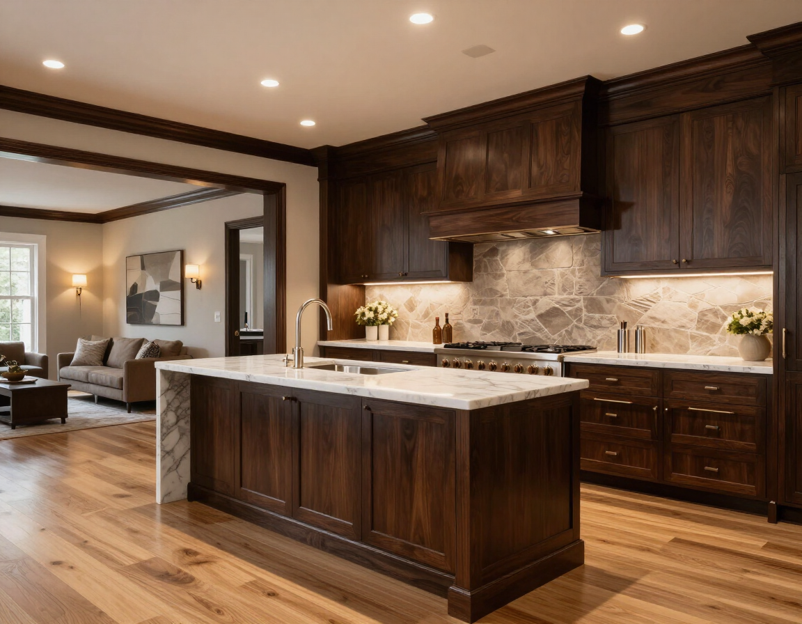 Modern kitchen with dark wood cabinets, large marble island, and warm recessed lighting