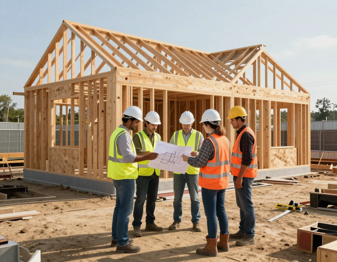 Construction workers in hard hats reviewing blueprints at a framed house build site