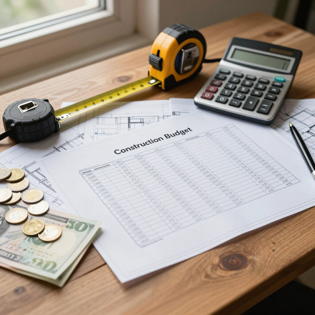 Construction budget sheet with calculator, measuring tape, coins, and cash on a wooden desk