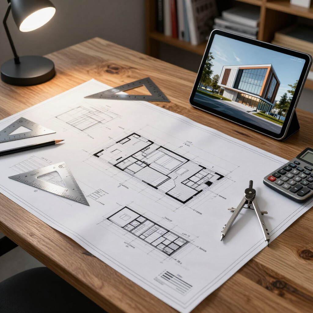 Architectural drafting desk with blueprints, rulers, compass, calculator, and tablet showing a building rendering