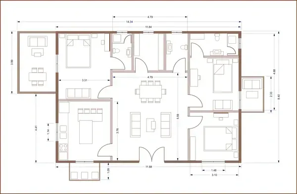 Black-and-white architectural floor plan of a house with multiple rooms and dimensions