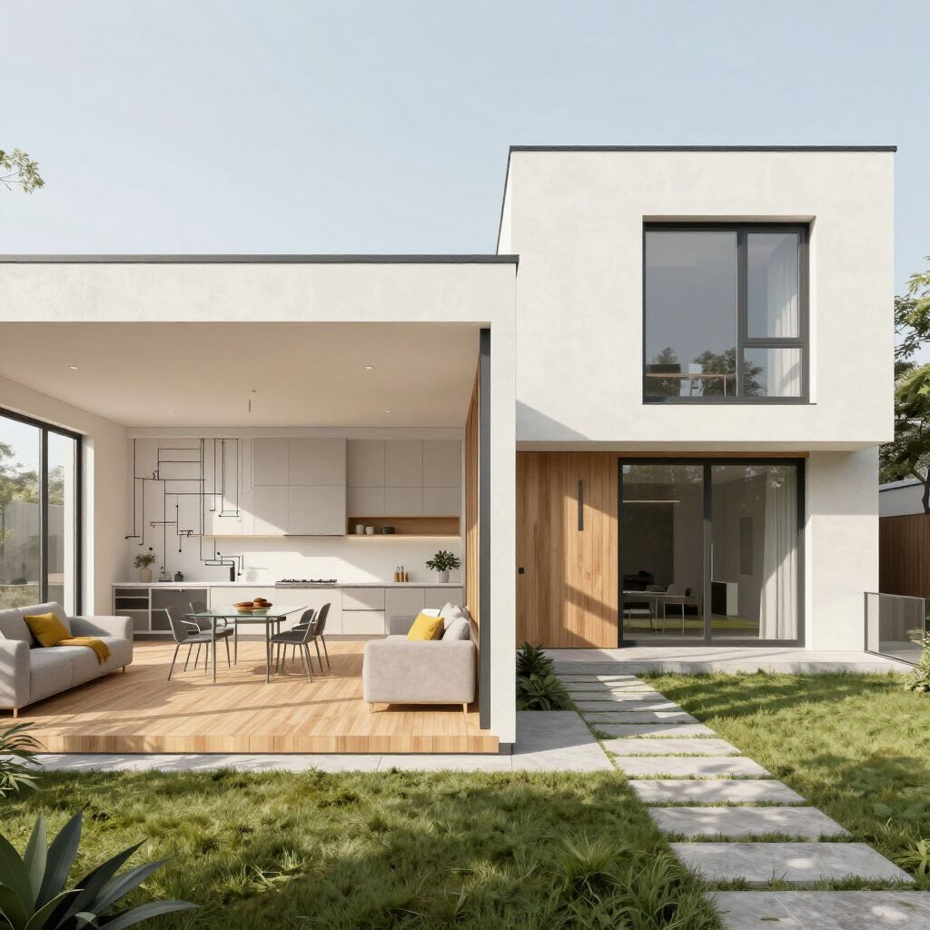 Modern white house with open patio, wood accents, and a bright living area overlooking a grassy yard