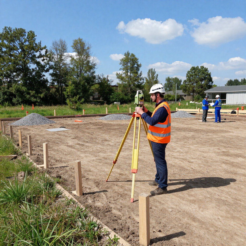 Surveyor in orange vest using tripod on a dirt construction site with stakes and trees in the background