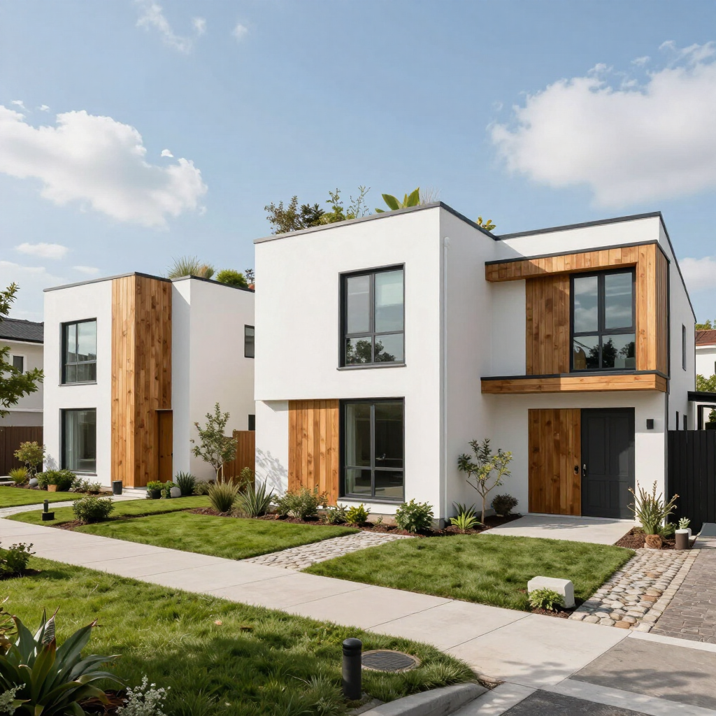 Modern white two-story houses with wood accents and small front lawns on a sunny residential street