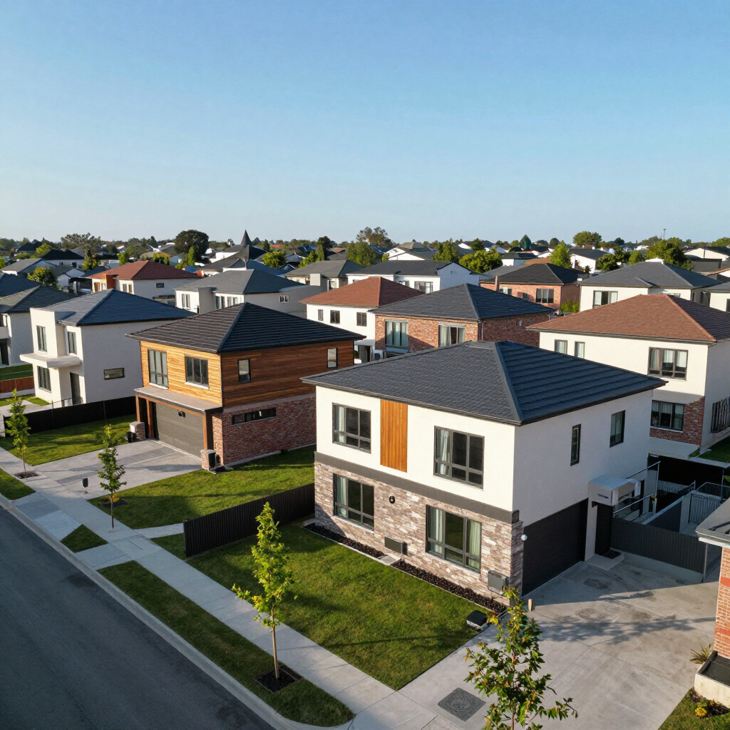 Aerial view of a suburban neighborhood with rows of modern houses and sidewalks under a clear blue sky