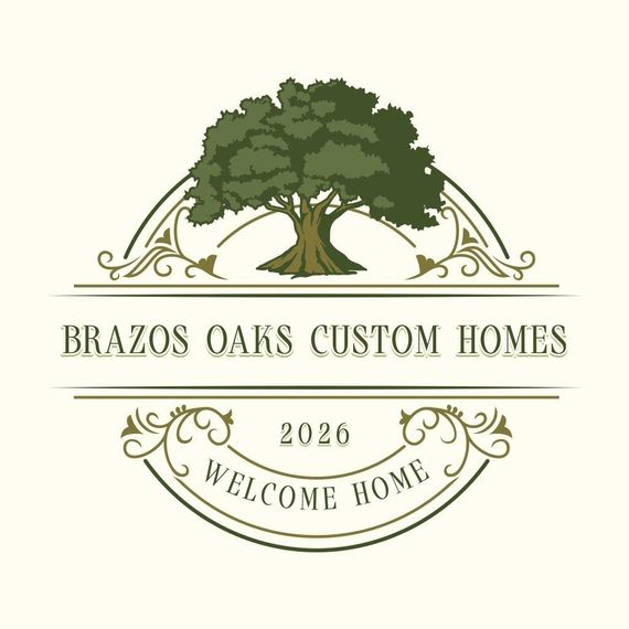 Brazos Oaks Custom Homes logo with green oak tree and “2026 Welcome Home” on cream background