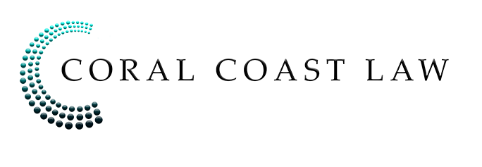 Logo for Coral Coast Law featuring text in a serif font and a curved, gradient blue-to-teal dot pattern on the left.