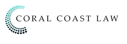 Logo for Coral Coast Law featuring text in a serif font and a curved, gradient blue-to-teal dot pattern on the left.