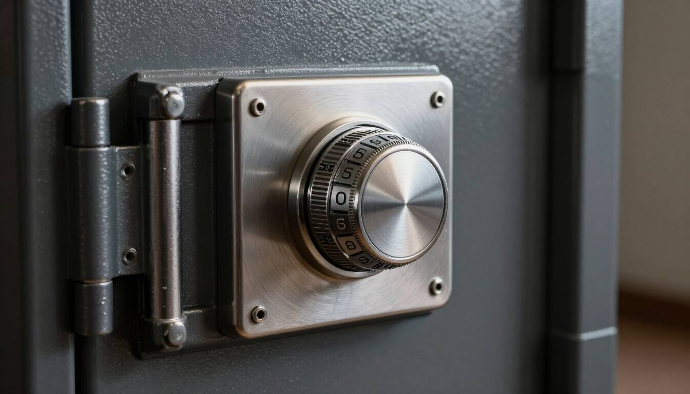 A high-security combination safe lock dial on a steel door.