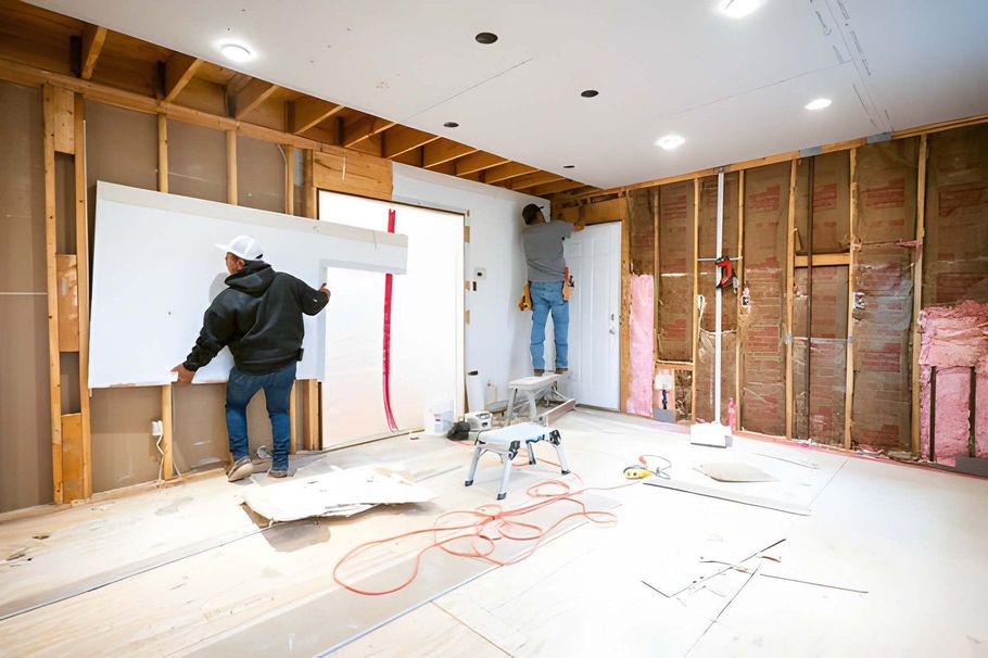 Workers renovating an unfinished room with exposed studs, drywall, and tools on the floor