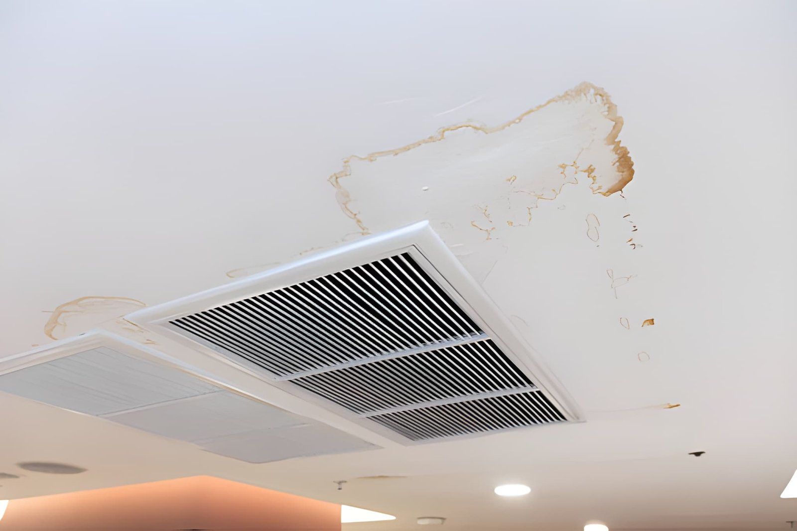 Ceiling vent with water stains and discoloration on a white ceiling